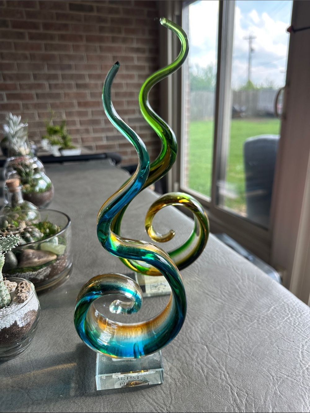 Blue & Green Handblown Glass Art Sculpture by